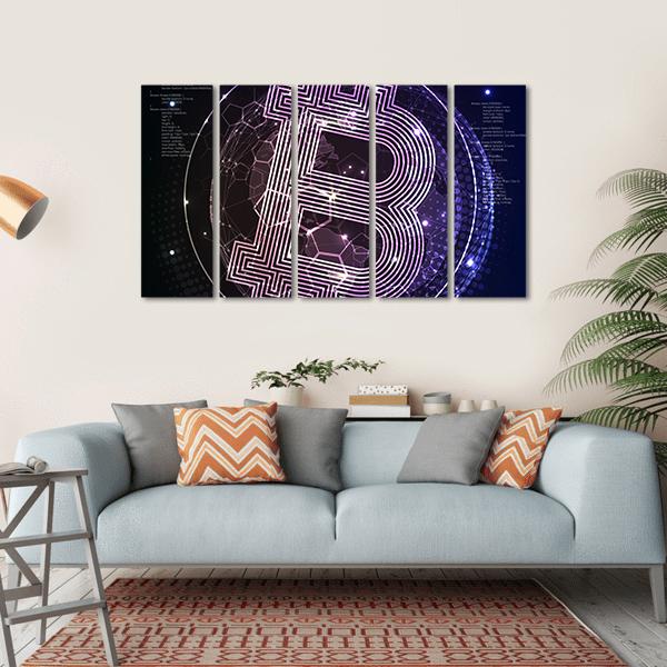 Purple Bitcoin Logo Digital Canvas Wall Art in black, blue and purple, hung on a wall