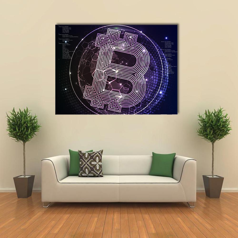 Purple Bitcoin Logo with Digital Globe Canvas Wall Art in black, blue and purple, single panel hung on a wall