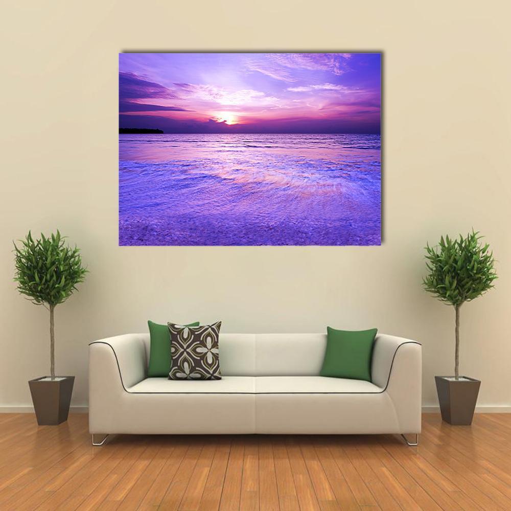 Purple Blurred Wave at Sunset Canvas Wall Art in purple and pink, single panel hung on a wall