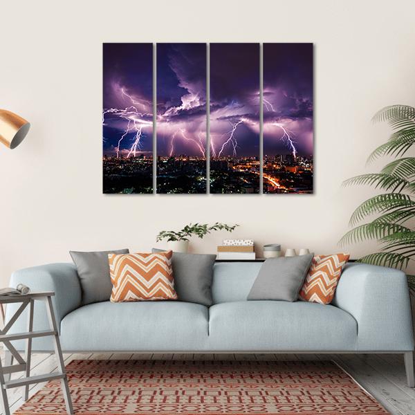Purple Lightning Over City Canvas Wall Art-4 Horizontal-Gallery Wrap-34" x 24"-Tiaracle