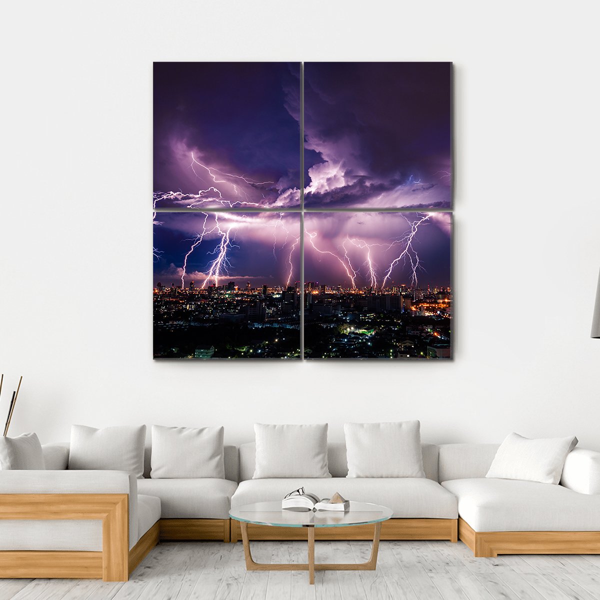 Purple Lightning Over City Canvas Wall Art-4 Square-Gallery Wrap-17" x 17"-Tiaracle