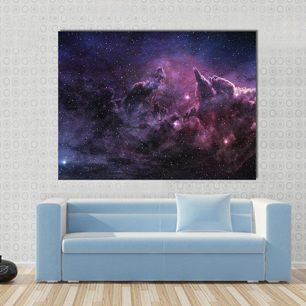 Purple Nebula and Cosmic Dust in Star Field Canvas Wall Art in black, purple and pink, single panel hung on a wall