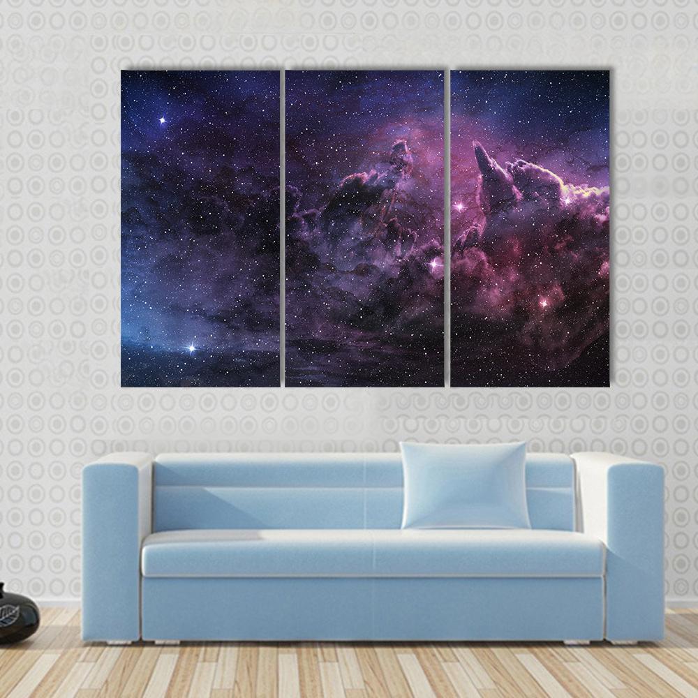 Purple Nebula And Cosmic Dust In Star Field Canvas Wall Art-5 Star-Gallery Wrap-62" x 32"-Tiaracle