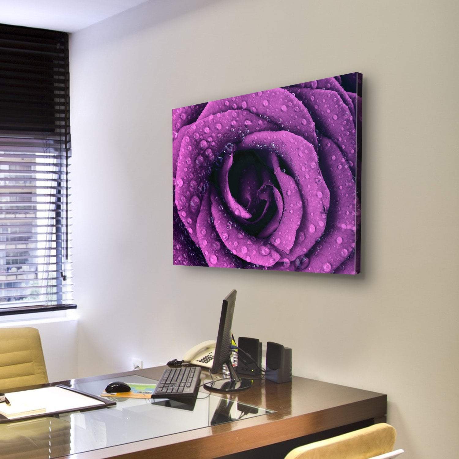 Purple Rose With Dew Drops Canvas Wall Art-5 Pop-Gallery Wrap-47" x 32"-Tiaracle