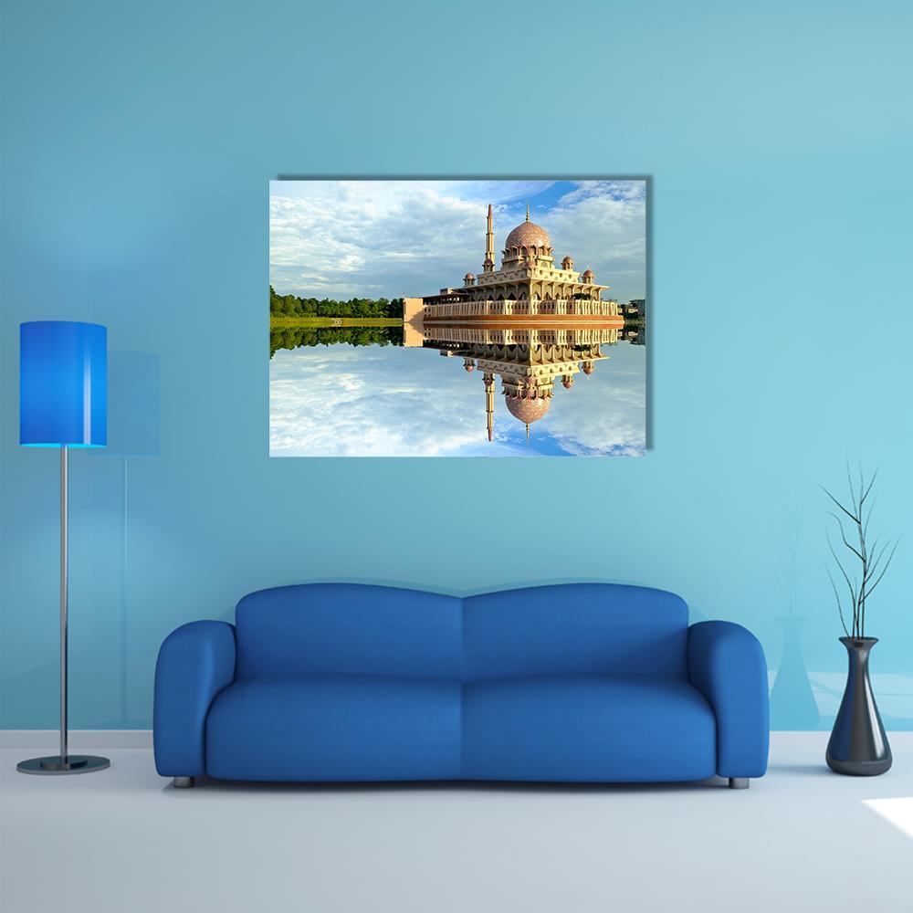 Putra Mosque with Water Reflection Canvas Wall Art in white, blue and pink, single panel hung on a wall