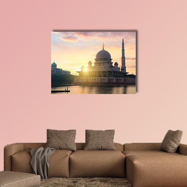 Putra Mosque at Sunrise Canvas Wall Art in yellow, blue and pink, single panel hung on a wall