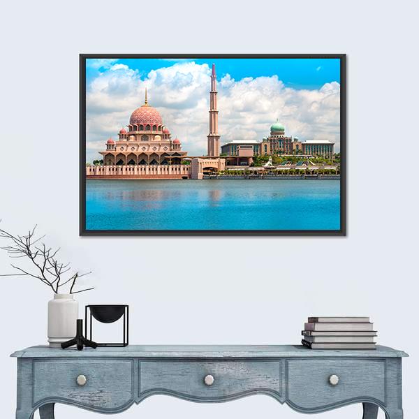 Putra Mosque In Kuala Lumpur Canvas Wall Art-1 Piece-Floating Frame-24" x 16"-Tiaracle