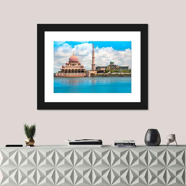 Putra Mosque In Kuala Lumpur Canvas Wall Art-1 Piece-Framed Print-20" x 16"-Tiaracle