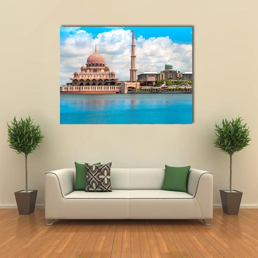 Putra Mosque Kuala Lumpur Canvas Wall Art in beige, blue and pink, single panel hung on a wall