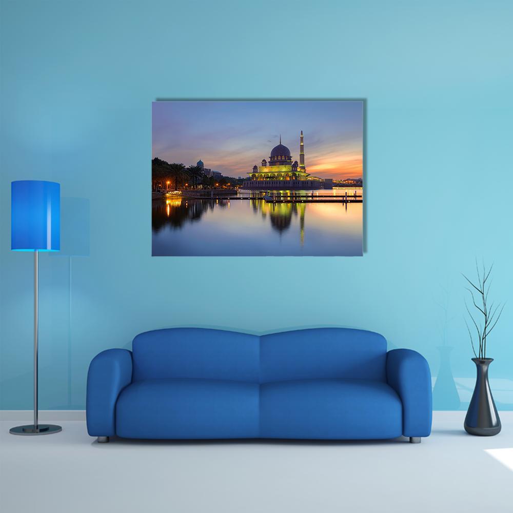Putra Mosque at Sunset Canvas Wall Art in orange, yellow and blue, single panel hung on a wall