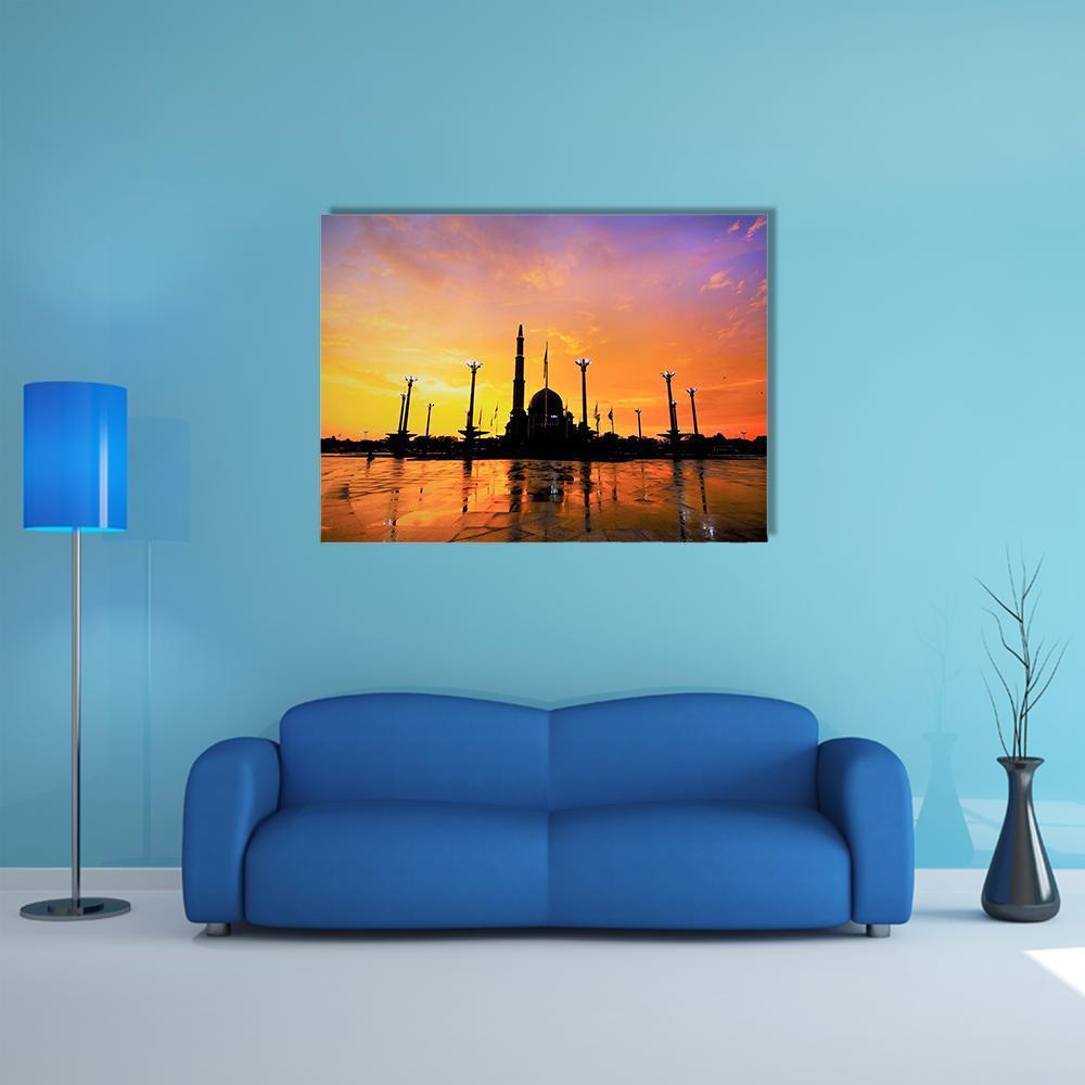 Putra Mosque at Sunset Canvas Wall Art in orange, yellow and purple, single panel hung on a wall
