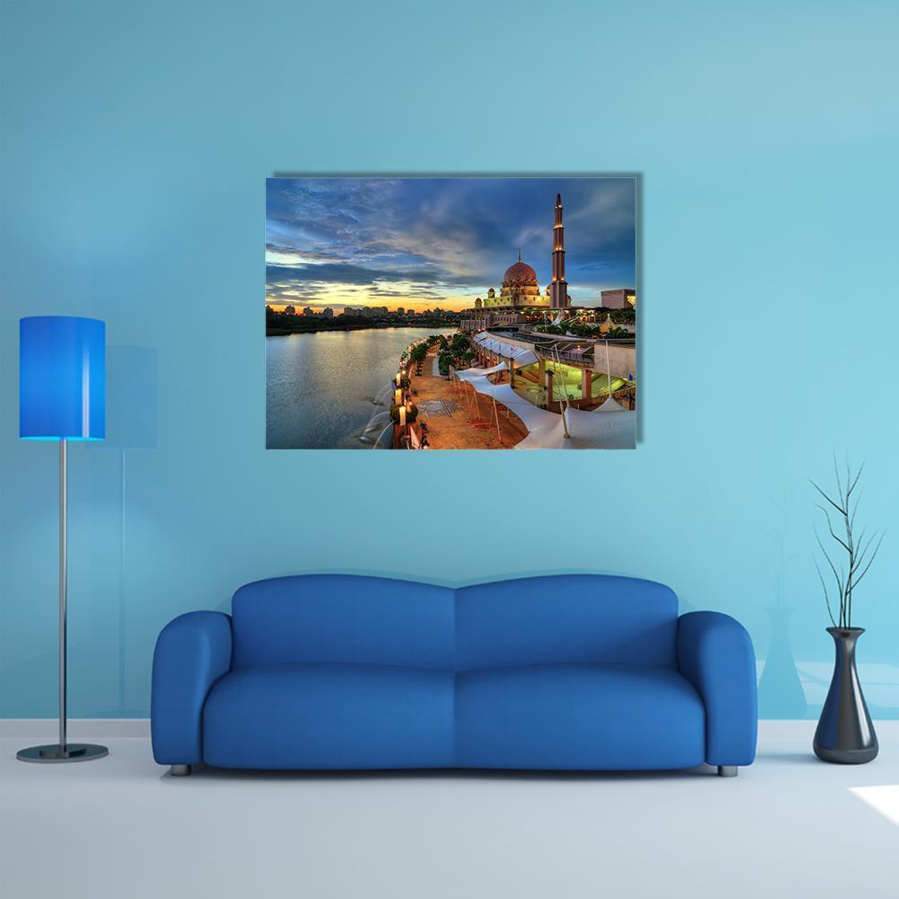 Putra Mosque in Putrajaya Canvas Wall Art in orange, yellow and blue, single panel hung on a wall