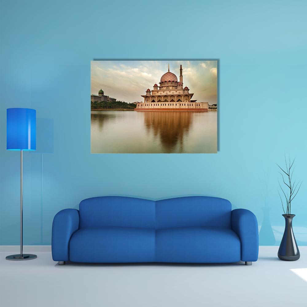 Putra Mosque with Pink Dome and Reflection Canvas Wall Art in beige, brown and pink, single panel hung on a wall