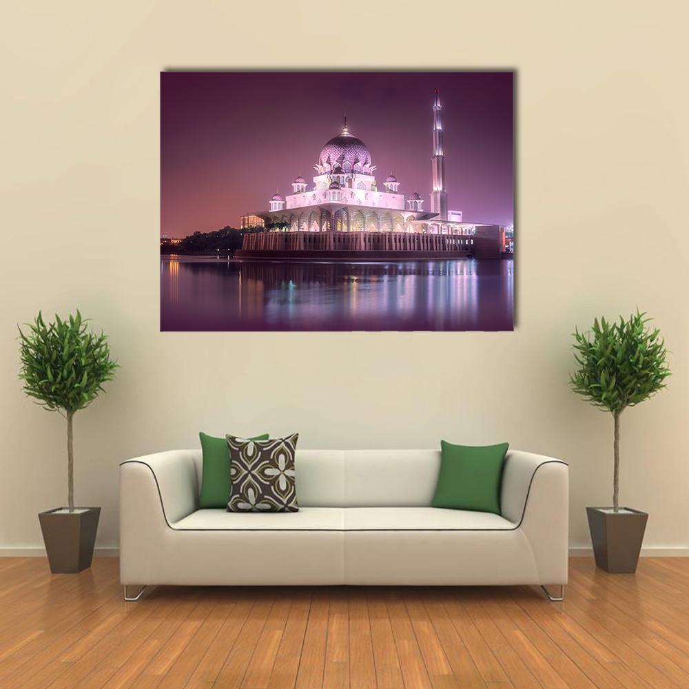 Putra Mosque Night Reflection Canvas Wall Art in black, purple and pink, single panel hung on a wall