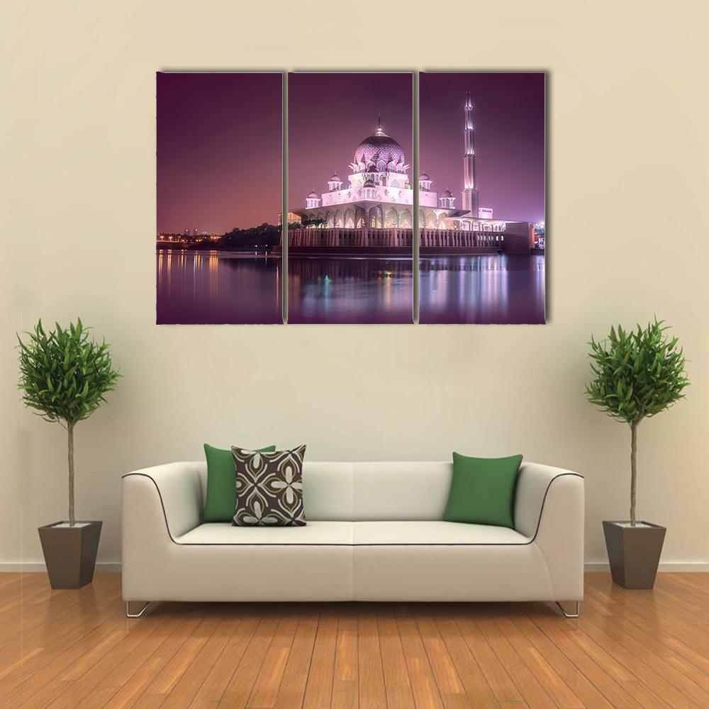 Putra Mosque With Night Lighting Canvas Wall Art-3 Horizontal-Gallery Wrap-37" x 24"-Tiaracle