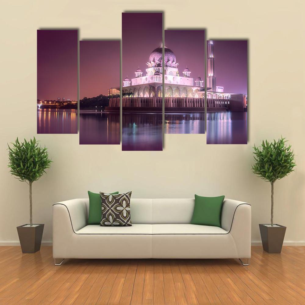 Putra Mosque With Night Lighting Canvas Wall Art-5 Pop-Gallery Wrap-47" x 32"-Tiaracle
