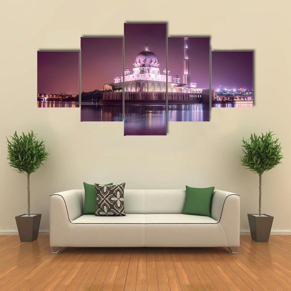 Putra Mosque With Night Lighting Canvas Wall Art-5 Star-Gallery Wrap-62" x 32"-Tiaracle