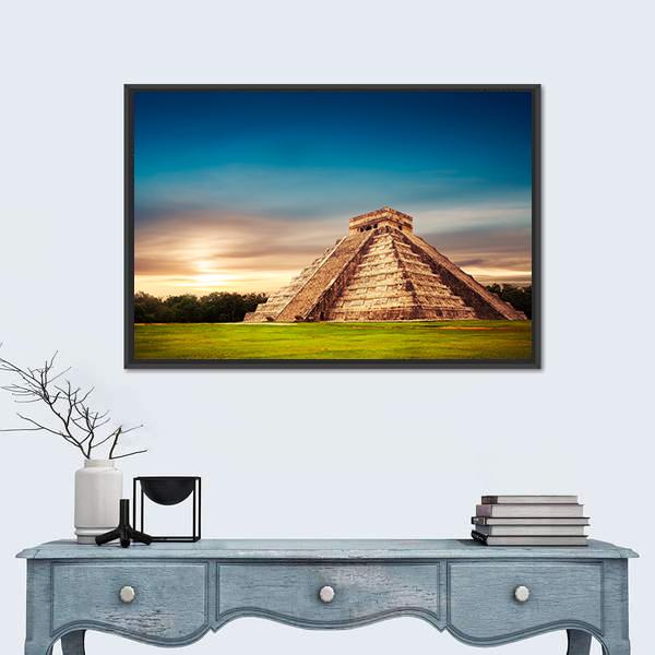 Temple Of Kukulkan Canvas Wall Art-3 Horizontal-Gallery Wrap-25" x 16"-Tiaracle