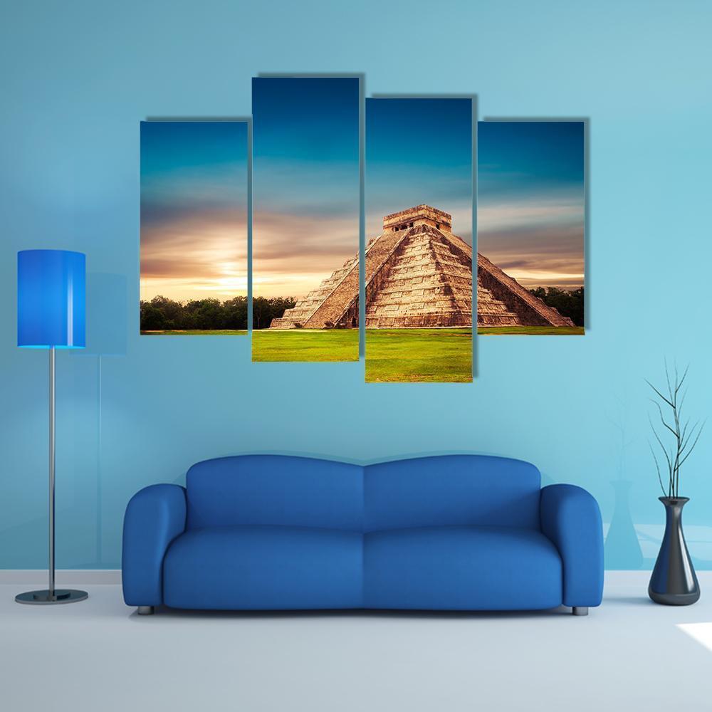 Temple Of Kukulkan Canvas Wall Art-4 Pop-Gallery Wrap-50" x 32"-Tiaracle