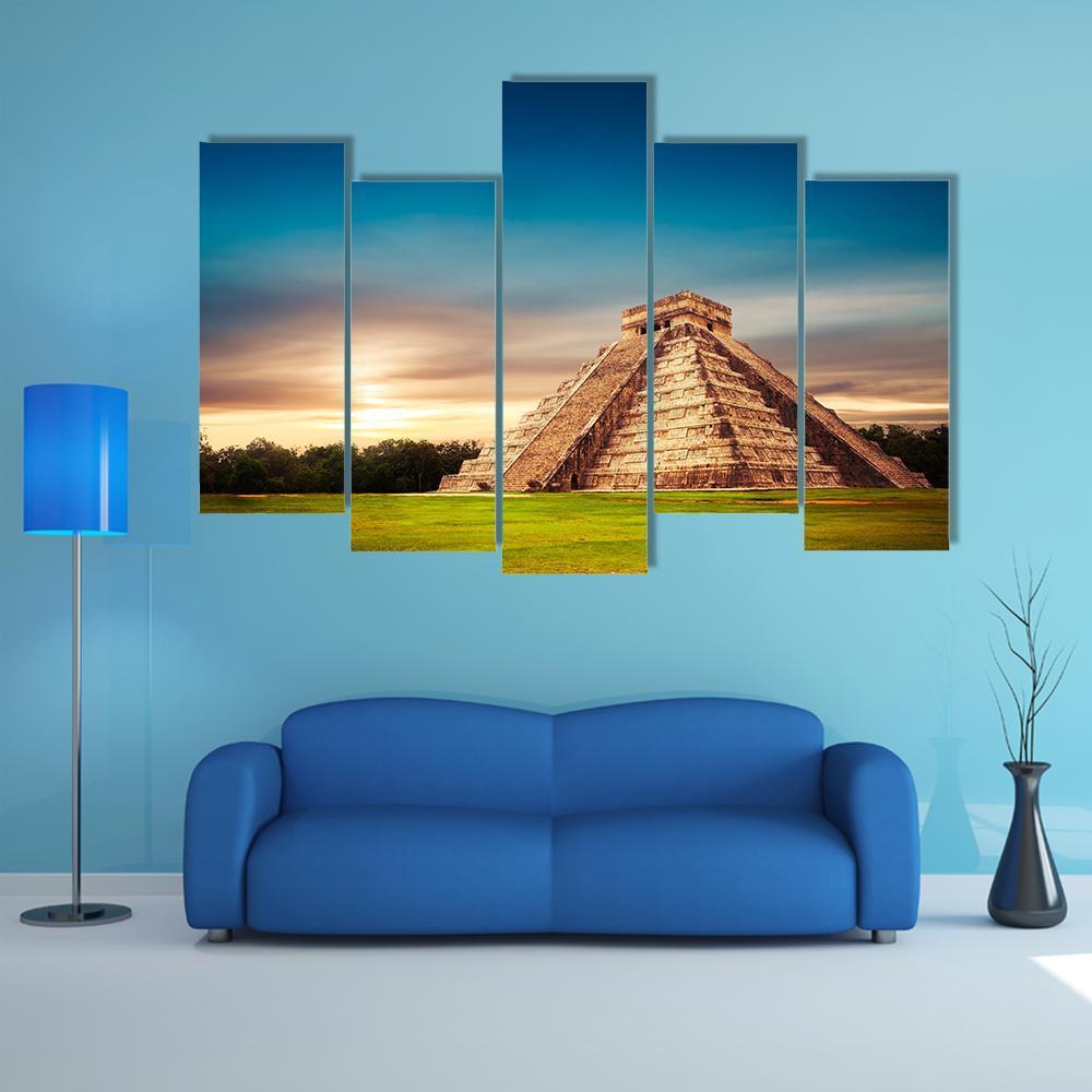Temple Of Kukulkan Canvas Wall Art-5 Pop-Gallery Wrap-47" x 32"-Tiaracle