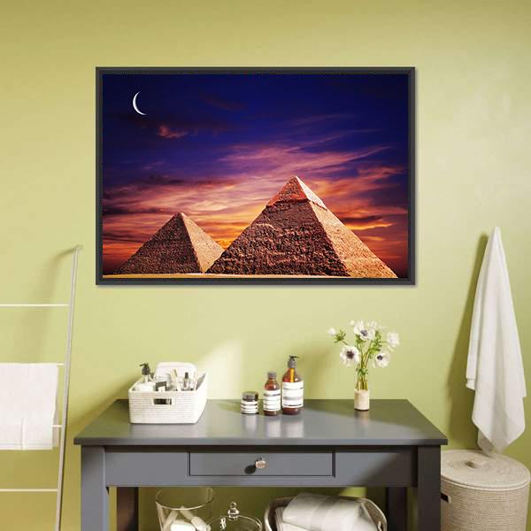 Pyramids at Sunset Canvas Wall Art in orange, blue and purple, framed canvas, product view on a white background