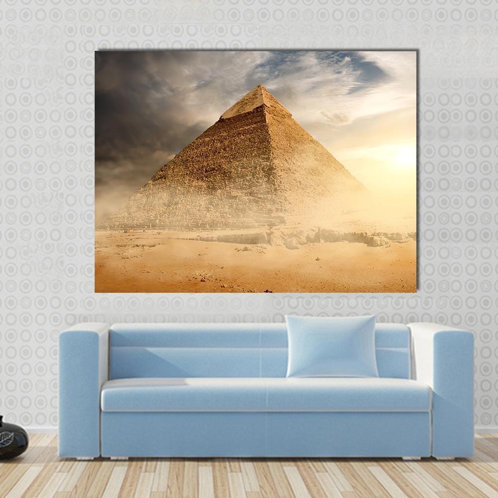 Pyramid In Sandy Area Under Dust And Gray Clouds Canvas Wall Art-1 Piece-Gallery Wrap-48" x 32"-Tiaracle