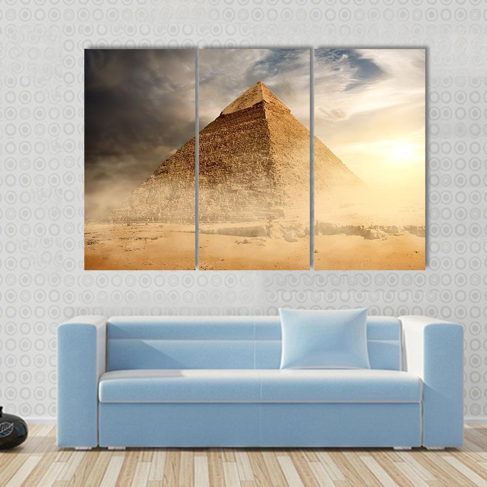 Pyramid In Sandy Area Under Dust And Gray Clouds Canvas Wall Art-3 Horizontal-Gallery Wrap-37" x 24"-Tiaracle