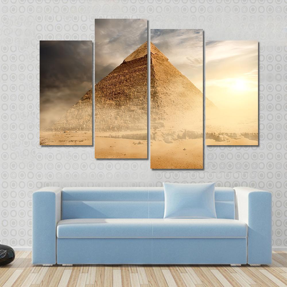 Pyramid In Sandy Area Under Dust And Gray Clouds Canvas Wall Art-4 Pop-Gallery Wrap-50" x 32"-Tiaracle