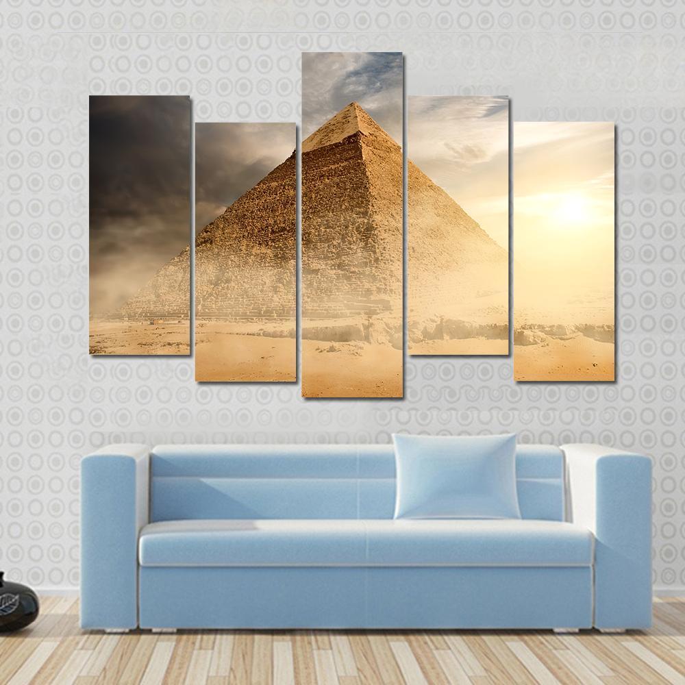 Pyramid In Sandy Area Under Dust And Gray Clouds Canvas Wall Art-5 Pop-Gallery Wrap-47" x 32"-Tiaracle