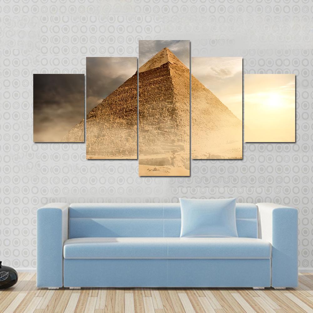 Pyramid In Sandy Area Under Dust And Gray Clouds Canvas Wall Art-5 Star-Gallery Wrap-62" x 32"-Tiaracle
