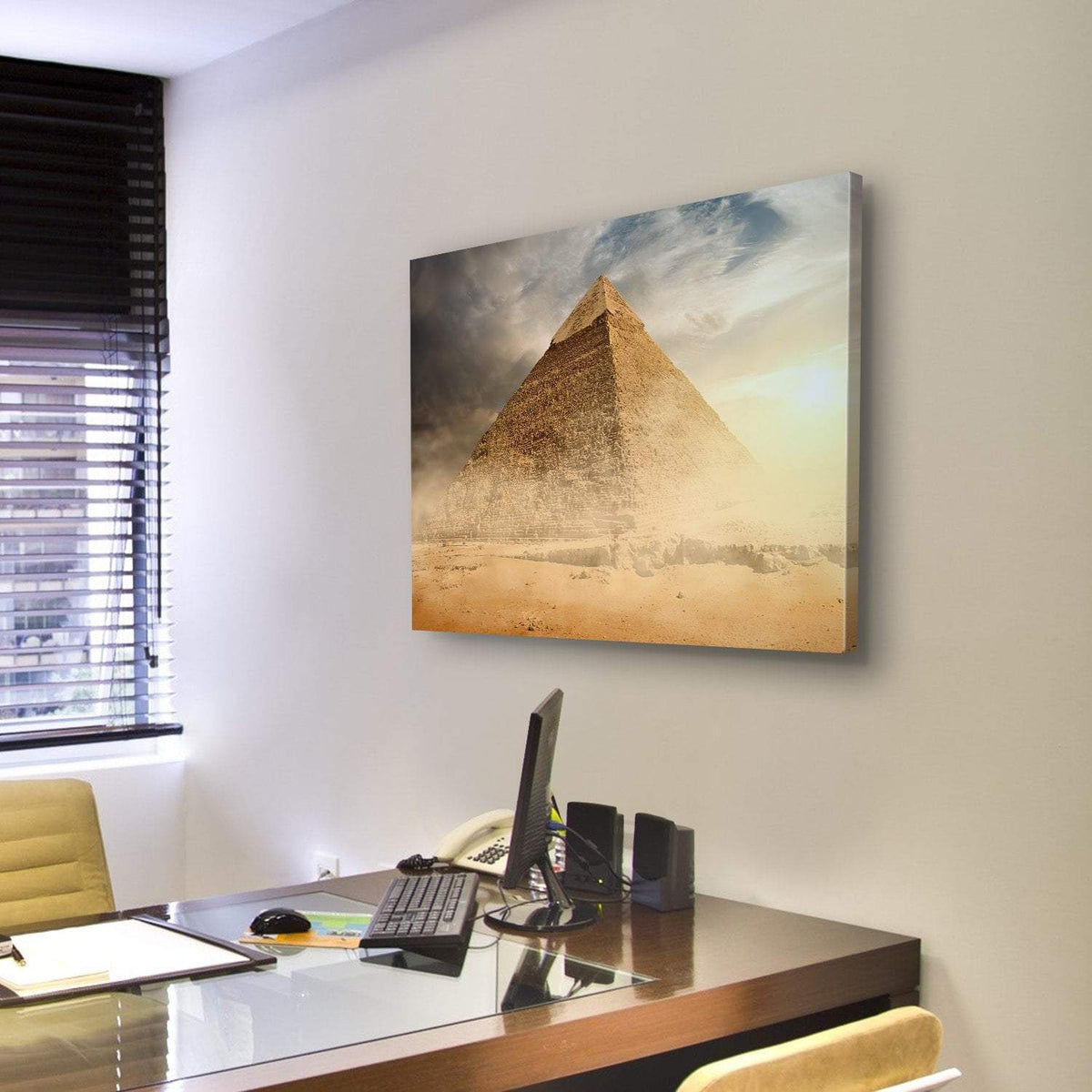Pyramid In Sandy Area Under Dust And Gray Clouds Canvas Wall Art-3 Horizontal-Gallery Wrap-25" x 16"-Tiaracle
