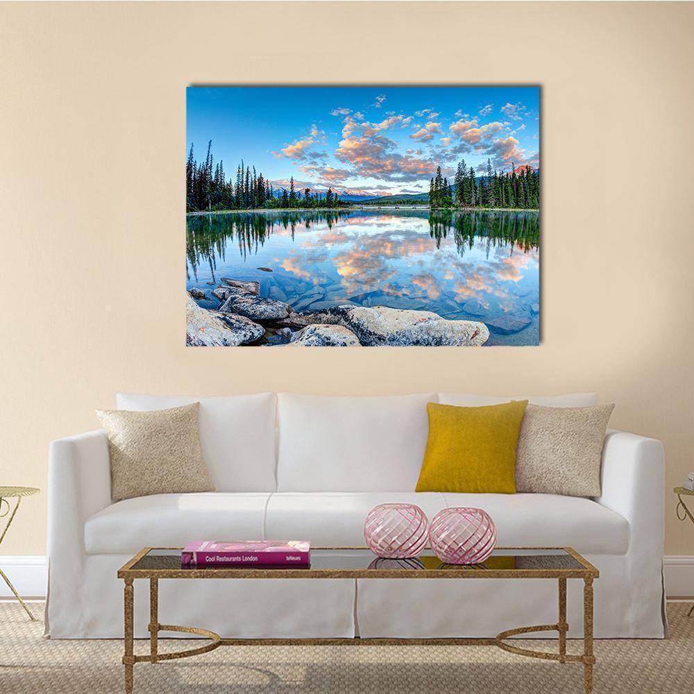Pyramid Lake Reflections at Golden Hour Canvas Wall Art in white, orange and blue, single panel hung on a wall