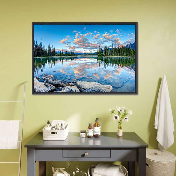 Pyramid Lake In Alberta Canvas Wall Art-1 Piece-Floating Frame-24" x 16"-Tiaracle
