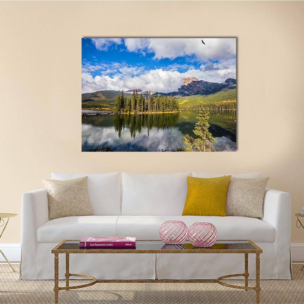 Autumn Morning at Pyramid Lake Canvas Wall Art in white, green and blue, single panel hung on a wall