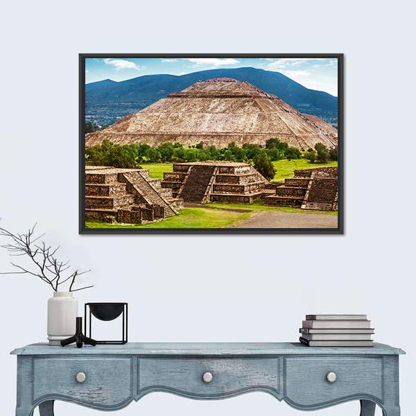 Pyramid of the Sun and Moon, Teotihuacan Canvas Wall Art in brown, green and blue, framed canvas, product view on a white background
