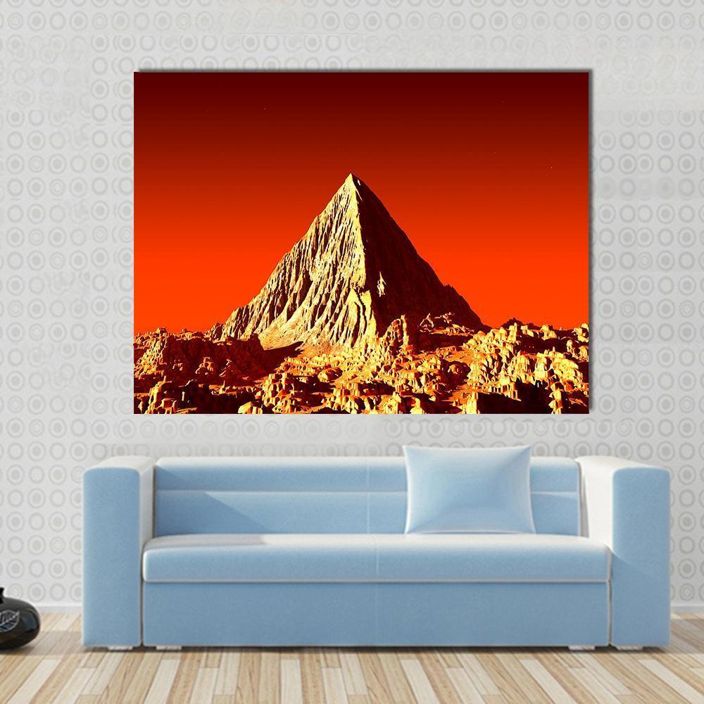 Pyramid on Mars Canvas Wall Art in red, orange and yellow, single panel hung on a wall