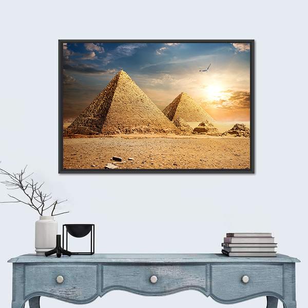 Pyramids at the Sunset Canvas Wall Art in orange, yellow and blue, framed canvas, product view on a white background