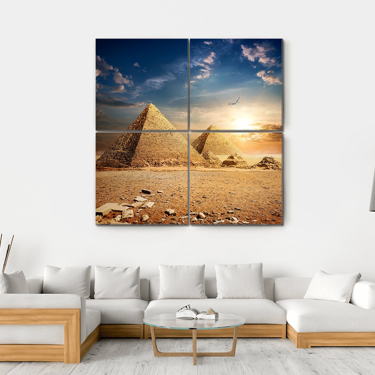 Pyramids At The Sunset Canvas Wall Art-4 Square-Gallery Wrap-17" x 17"-Tiaracle