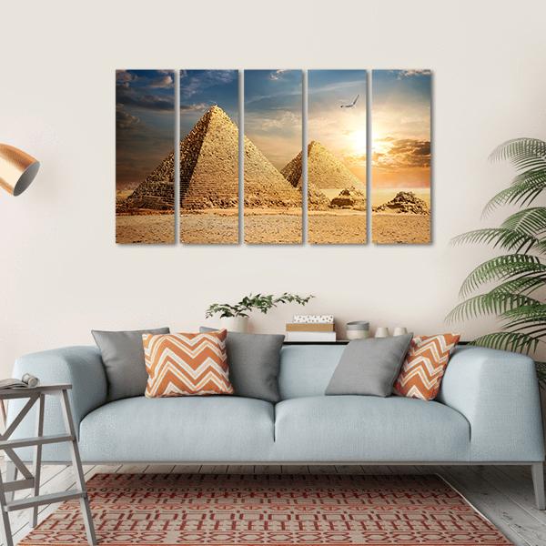Pyramids At The Sunset Canvas Wall Art-5 Horizontal-Gallery Wrap-22" x 12"-Tiaracle