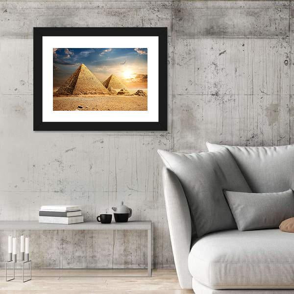 Pyramids At The Sunset Canvas Wall Art-3 Horizontal-Gallery Wrap-25" x 16"-Tiaracle