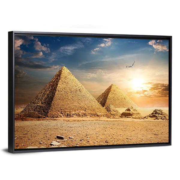 Pyramids At The Sunset Canvas Wall Art-3 Horizontal-Gallery Wrap-25" x 16"-Tiaracle