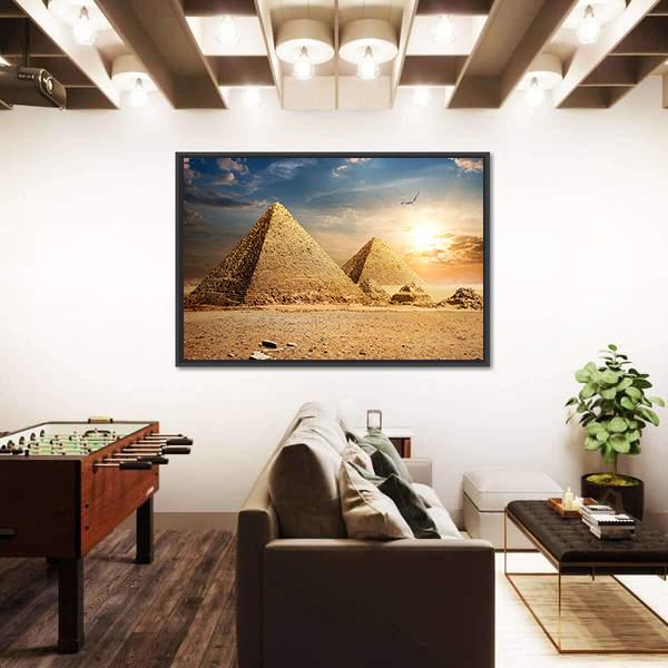 Pyramids At The Sunset Canvas Wall Art-3 Horizontal-Gallery Wrap-25" x 16"-Tiaracle