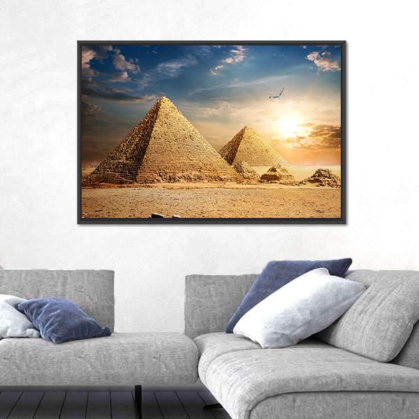 Pyramids At The Sunset Canvas Wall Art-3 Horizontal-Gallery Wrap-25" x 16"-Tiaracle