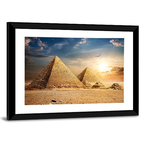 Pyramids At The Sunset Canvas Wall Art-3 Horizontal-Gallery Wrap-25" x 16"-Tiaracle