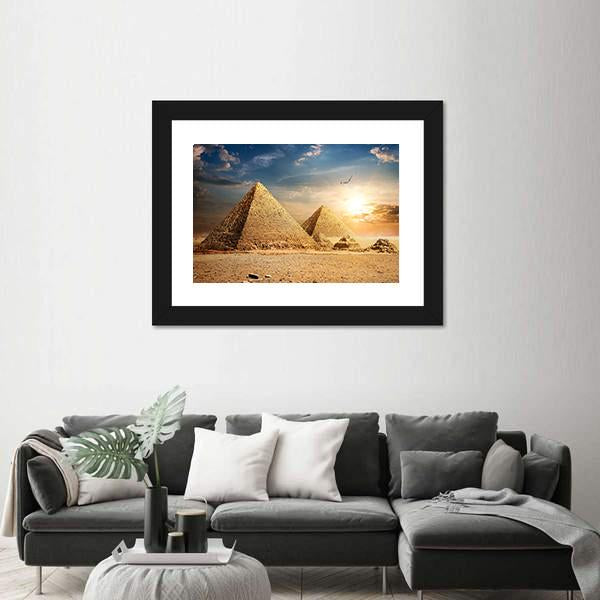 Pyramids At The Sunset Canvas Wall Art-3 Horizontal-Gallery Wrap-25" x 16"-Tiaracle