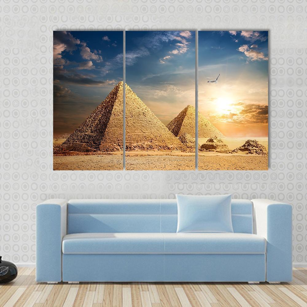 Pyramids At The Sunset Canvas Wall Art-3 Horizontal-Gallery Wrap-37" x 24"-Tiaracle