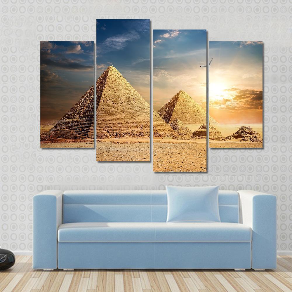 Pyramids At The Sunset Canvas Wall Art-4 Pop-Gallery Wrap-50" x 32"-Tiaracle