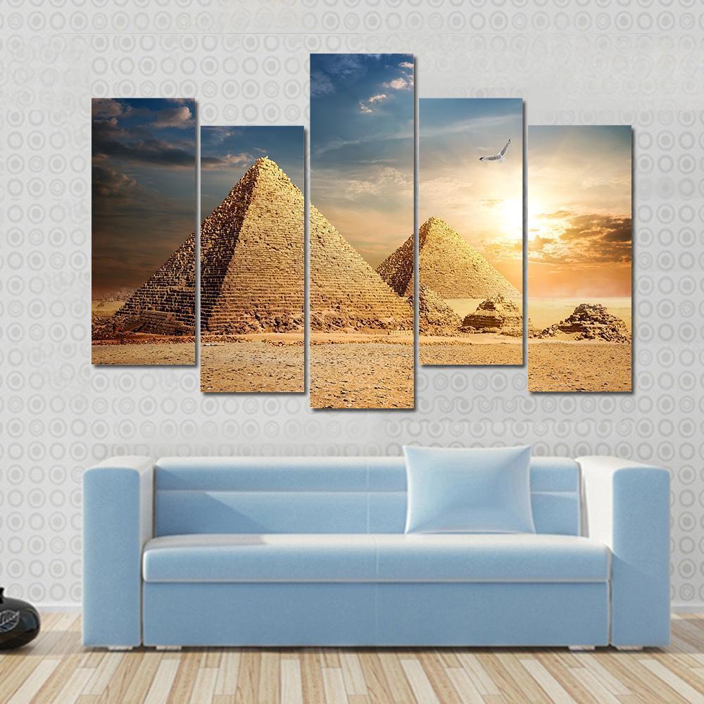 Pyramids At The Sunset Canvas Wall Art-5 Pop-Gallery Wrap-47" x 32"-Tiaracle