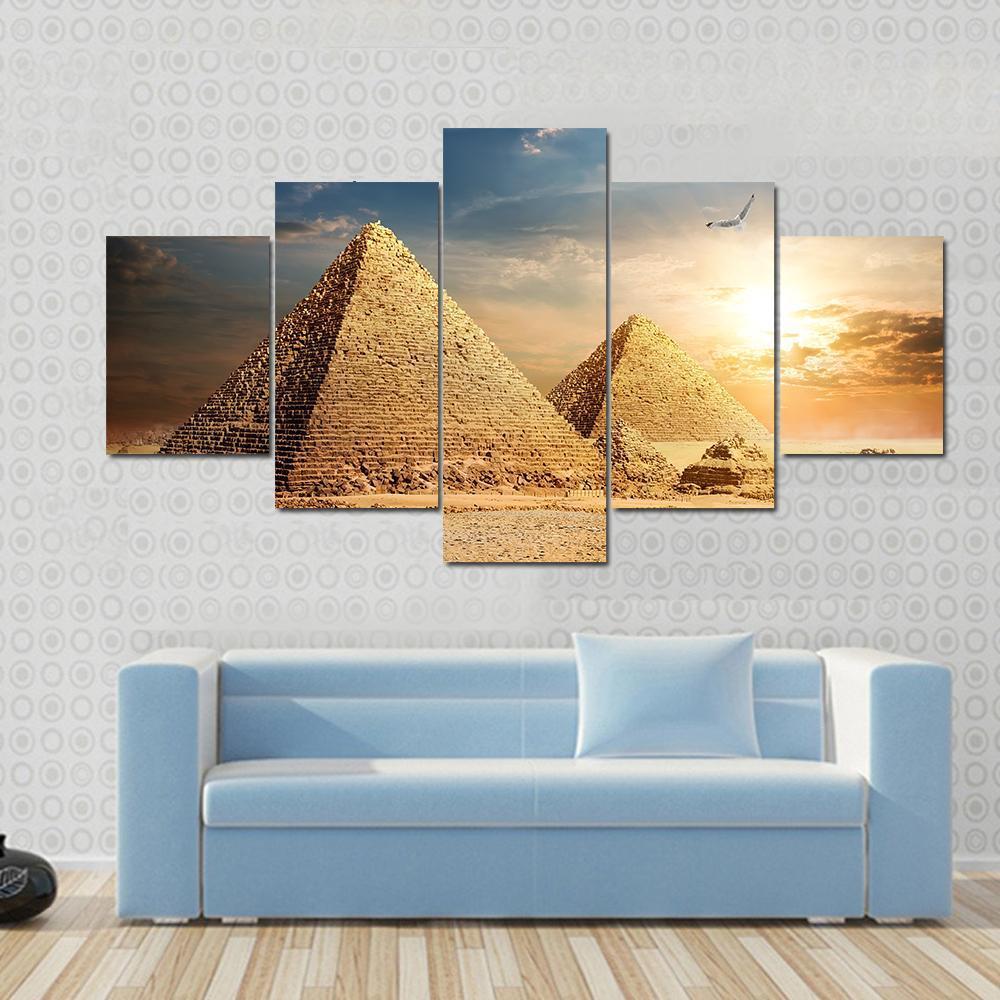 Pyramids At The Sunset Canvas Wall Art-5 Star-Gallery Wrap-62" x 32"-Tiaracle