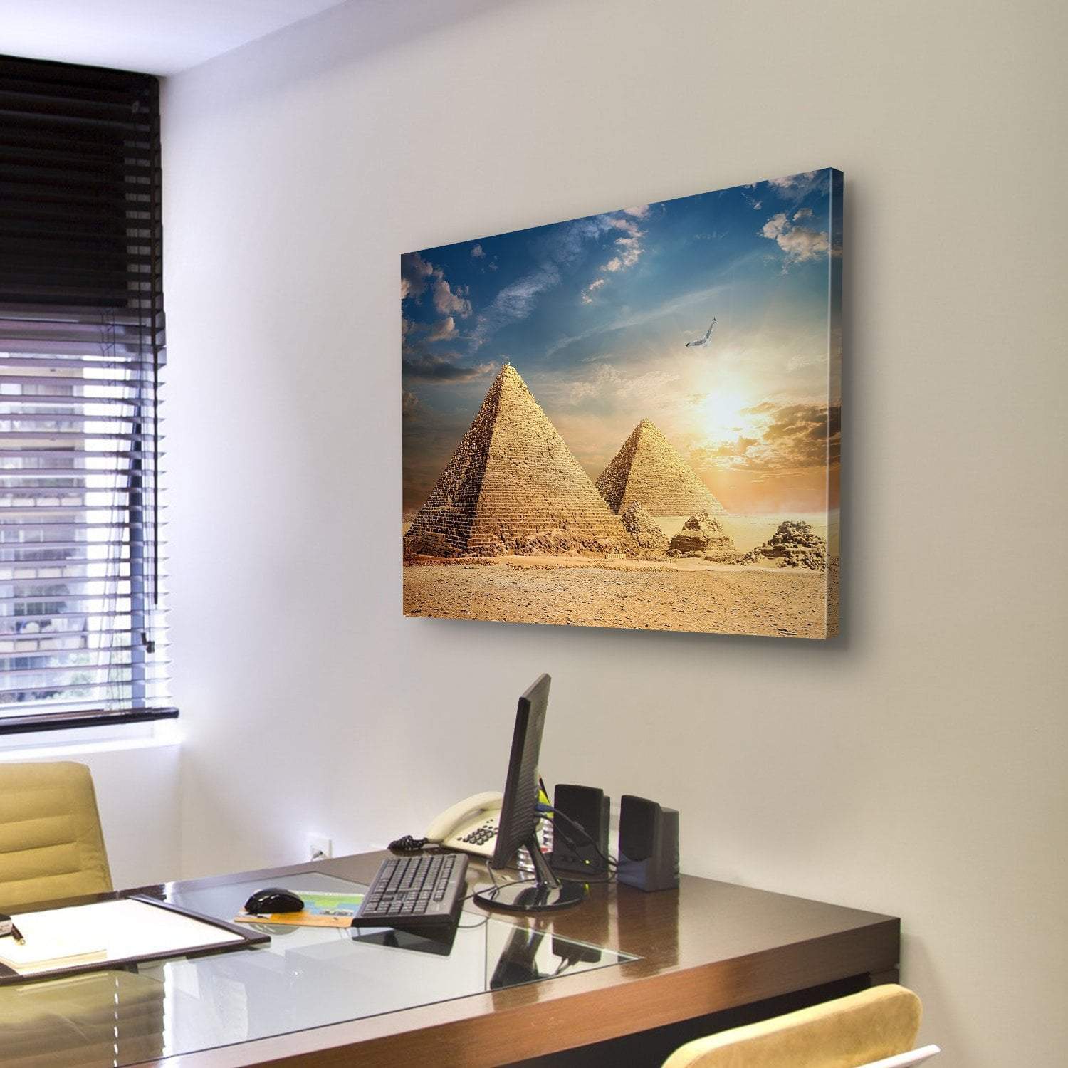 Pyramids At The Sunset Canvas Wall Art-5 Star-Gallery Wrap-62" x 32"-Tiaracle